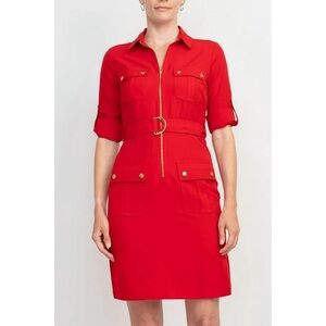 Sharagano collared belted zipper dress